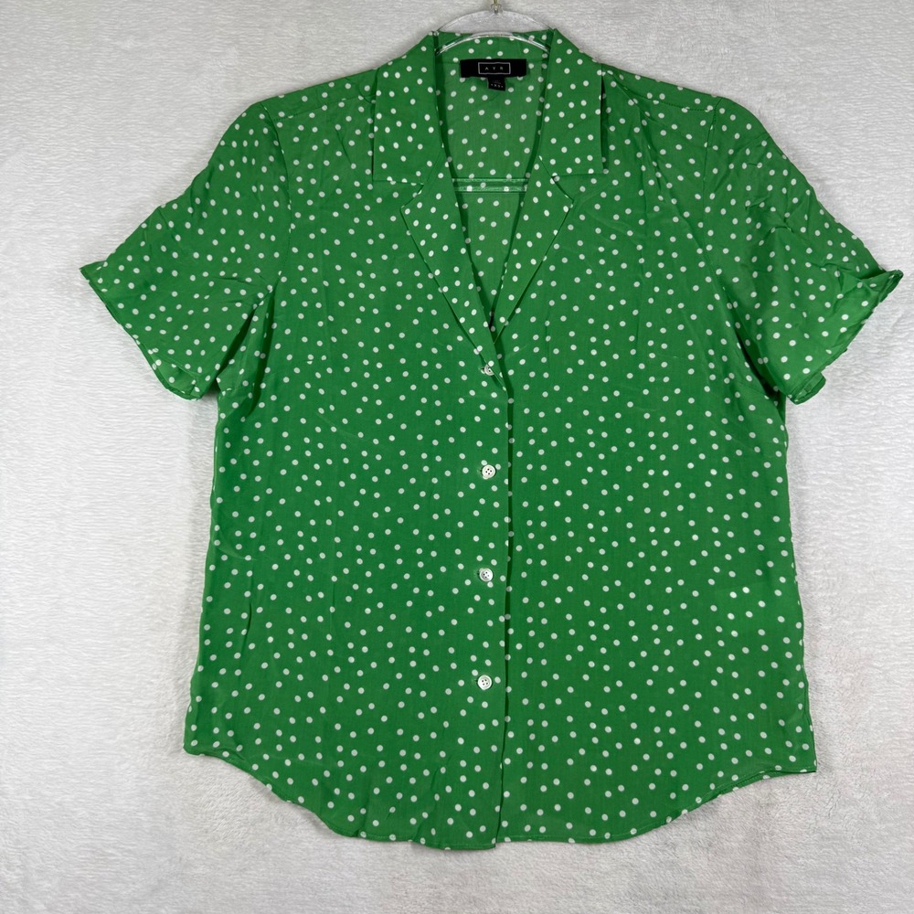 AYR Green Polka Dot Silk Blend Short Sleeve Button Down Shirt XS 10137